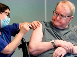 Svein Andersen, 67, is first in Norway to receive the Pfizer-Biontech COVID-19 vaccine in Oslo, Norway, on December 27, 2020. Fredrik Hagen/NTB/AFP via Getty Images